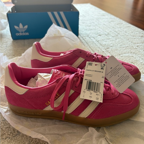 adidas Shoes - Adidas Gazelle Indoor W Pink Suede Sneakers with White Stripes